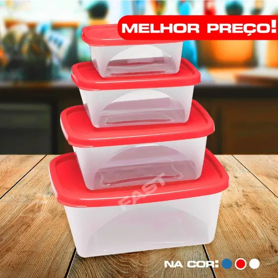 Kit Conjunto de 4 Potes Plástico Organizador Geladeira Com Tampa Super Vedação 4 Tamanhos Diferentes