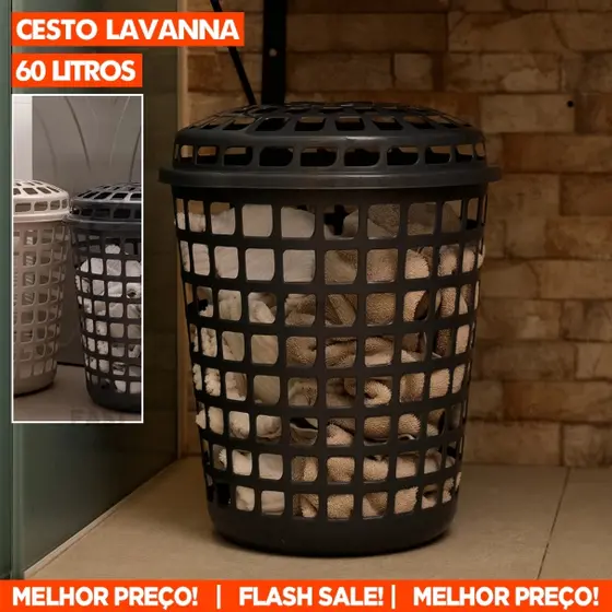 Cesto Roupa Plástico Telado Redondo Resistente Tampa Capacidade 60 Litros Multiuso Organiza Banheiro