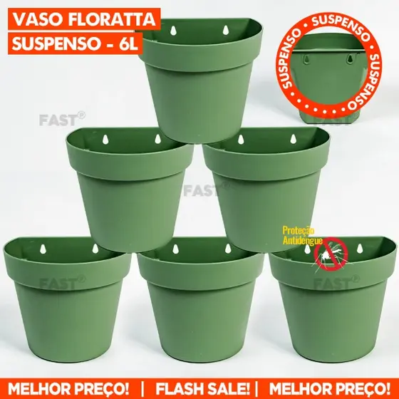 Kit 6 Vasos Vasinho Suspenso 6 Litros Vasinho de Parede Jardim Floratta Jardinagem Flores e Plantas
