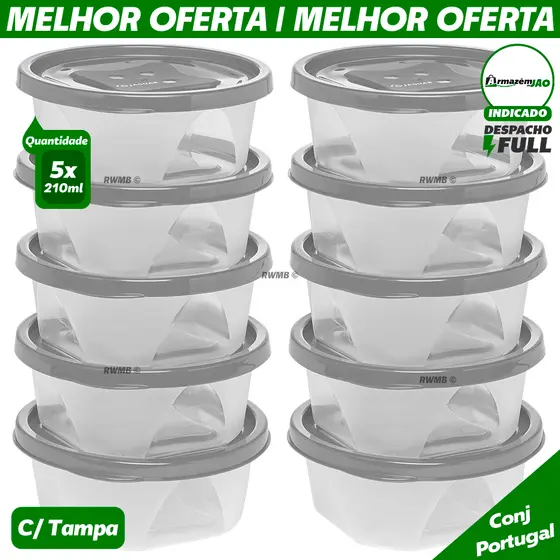Kit 5 Potes Plástico 210ml Conjunto de Pote Linha Portugal Jaguar Organizador de Geladeira c/ Tampa Freezer e Microondas