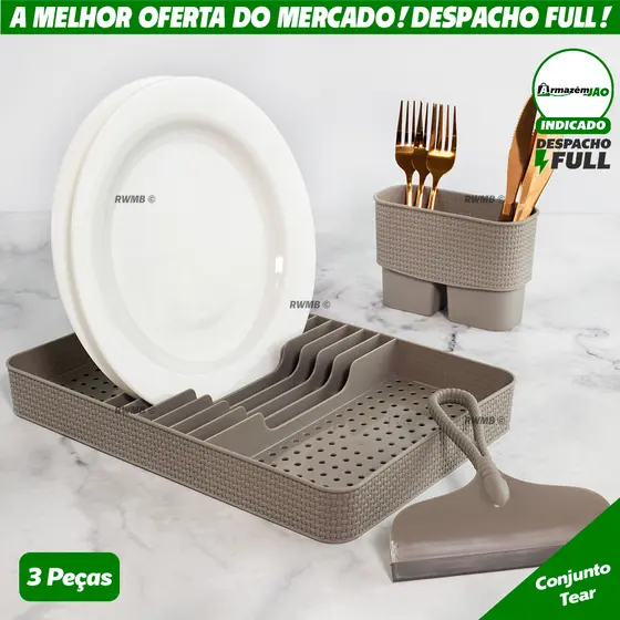 Kit Organizador de Pia Tear Com Rodinho Escorredor de Talher e de Prato Organiza Cozinha Plástico Resistente