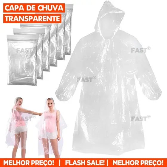 Kit 5 Capa de Chuva Resistente Descartável ou PVC Transparente Tamanho Adulto e Infantil Proteção