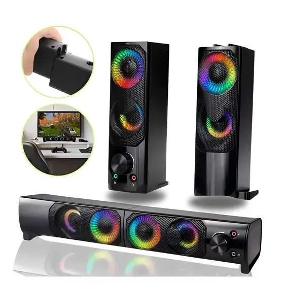 Caixa de Som Multimídia USB Conexão P2 Potente Alto-falante C/RGB Luz LED Potência 6w para PC Notebook Computador
