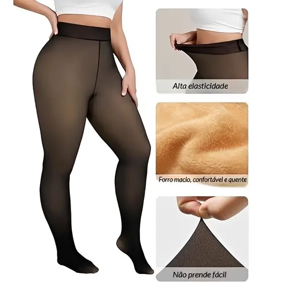 Meia Calça Feminina Plus Size Translúcida com Pelúcia Forrada Super Elástica para Inverno