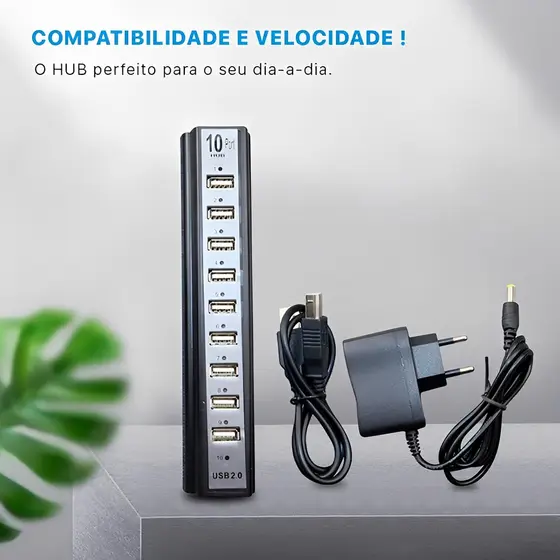 Hub com 10 Portas Usb 2.0 Com Fonte Proteção contra Sobrecorrente Alta Velocidade 480 Mbps Reduz o Consumo de Energia