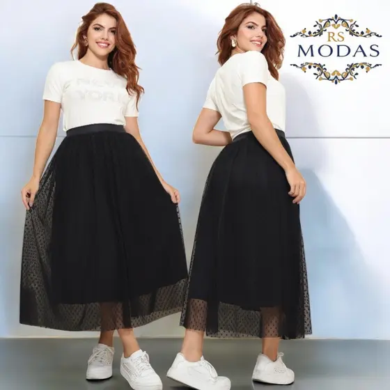 TETELESTAI - Saia Maxi Midi de Tule Poá  MODA EVANGELICA DO M AO G2