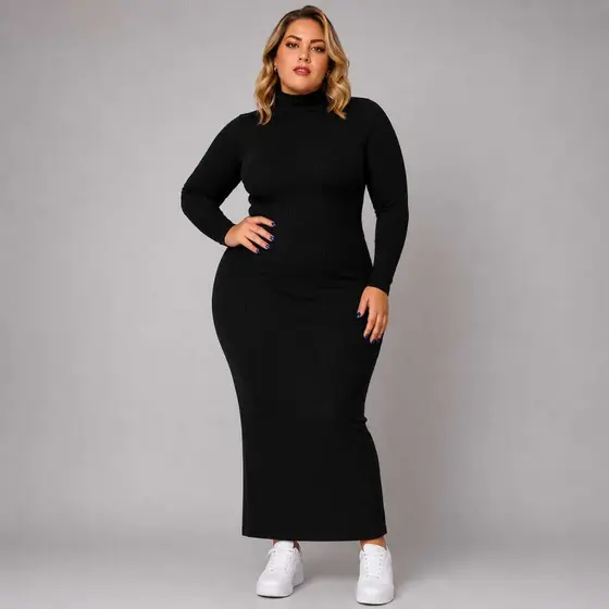 Vestido Plus Size Longo Feminino em Ribana Marrom com Gola Alta MODA EVANGELICA