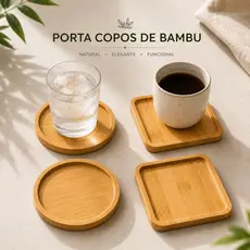 Kit apoio de copo Porta Copos + Suporte Bambu 2 4 6 Quadrado Redondo Descansador Decoração Mesa Cozinha Natural