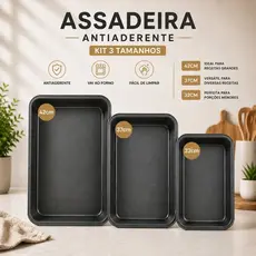 Kit 3 Forma Assadeira Antiaderente retangular funda para Forno 32 37 42 cm Ideal para Bolo Lasanha Carne Frango Cozinha