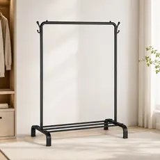 Arara Para Roupas Cabideiro de Chão com Sapateira Organizador Multiuso Closet Ferro Preto com Ganchos Laterais Reforçado