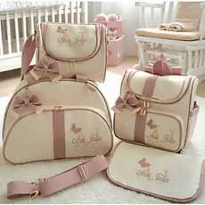 kit de Bolsas Maternidade Luxo para Mamãe e Bebê Personalizado Bordado com Nome 4 peças Mochila Mala Frasqueira Trocador