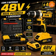 Parafusadeira Furadeira sem Fio 26V/48V com 2 Baterias - Estuche Rígido, Carregador Rápido e Brocas de Metal Duro