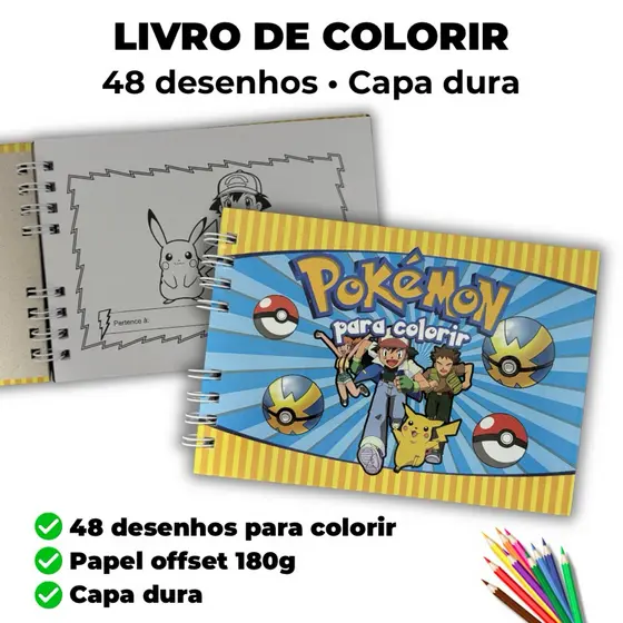 Livro de Colorir | Pokémon | Capa Dura | 48 desenhos | Folhas Grossas | Folha Protetora | Atacado e Varejo
