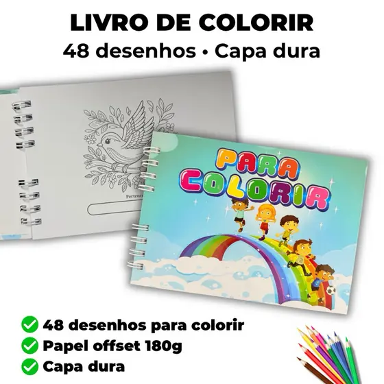 Livro de Colorir | Desenhos Infantis | Capa Dura | 48 desenhos | Folhas Grossas | Folha Protetora | Atacado e Varejo
