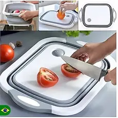 Tábua com Bacia Retrátil Silicone Escorredor Cozinha Multifuncional Tábua de Corte 3 em 1