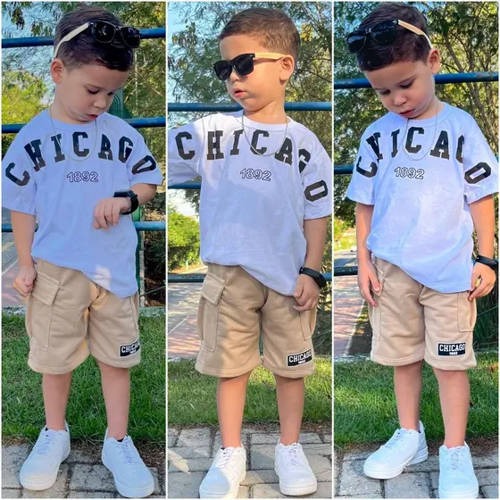 Conjunto de menino infantil bermuda e camisa de verão juvenil