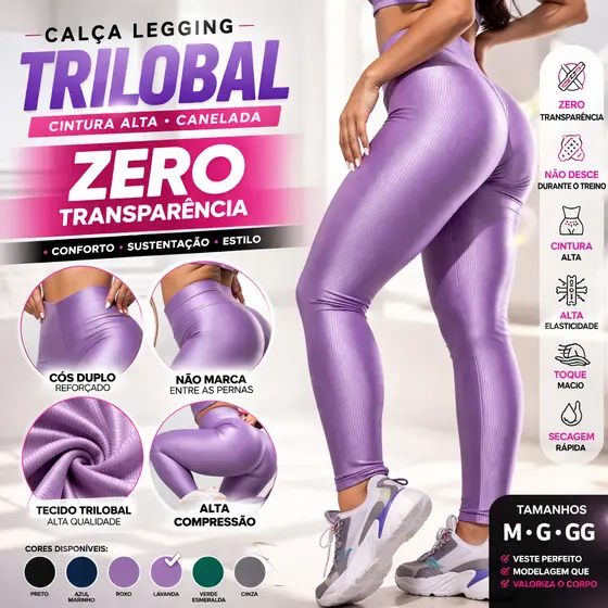 Calça Legging Fitness Canelada Trilobal Cintura Alta Zero Transparencia Academia Alta Compressão
