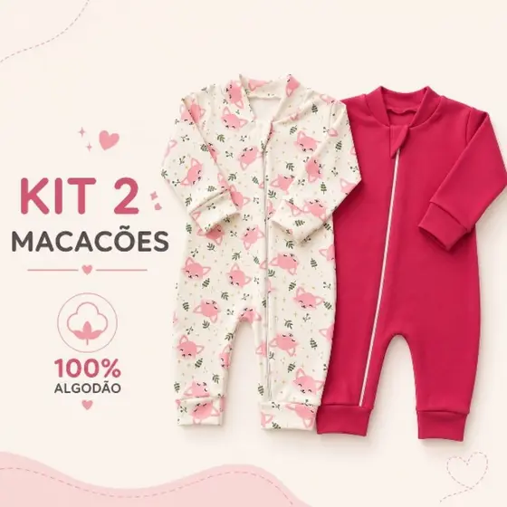 ​Kit 2 Macacões Bebê 100% Algodão ( Suedine) Estampa Bichinhos e Liso - Com Zíper Menina/Menino- Rn/P/M/G