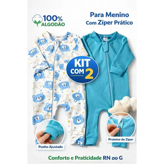 Kit 2 Macacões Bebê Suedine 100% Algodão com Zíper – Conforto + Praticidade RN ao GG