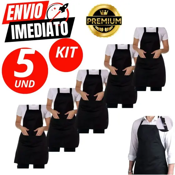 Kit 5 Avental De Oxford Preto Engate Rápido Garçom Cozinha Açougueiro Churrasqueiro Peixaria