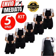 Kit 5 Avental De Oxford Preto Engate Rápido Garçom Cozinha Açougueiro Churrasqueiro Peixaria