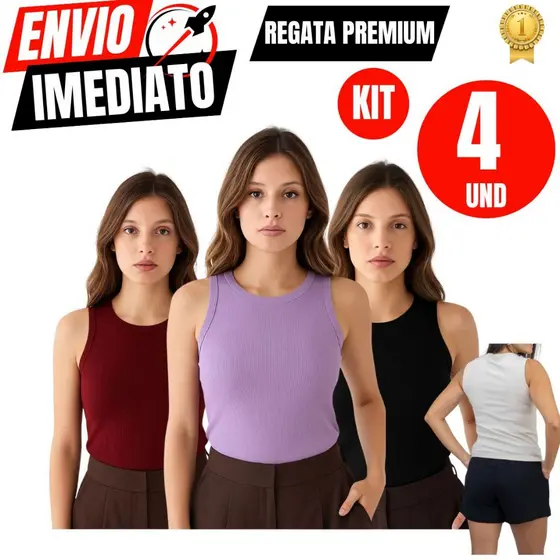Kit 4 Regata Premium Feminina Modelo Americano Ribana Canelada Algodão e Elastano Primeira Linha