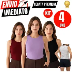 Kit 4 Regata Premium Feminina Modelo Americano Ribana Canelada Algodão e Elastano Primeira Linha