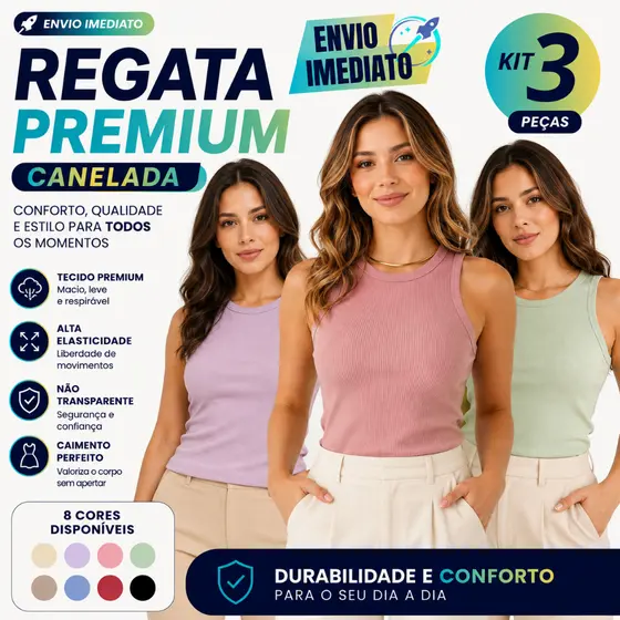 Kit 3 Regata Feminina Canelada Basica Ribana Algodão e Elastano Premium