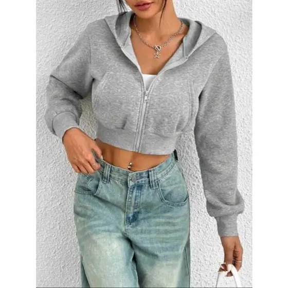 Blusa Cropped MOLETOM Com Capuz, COM BOLSO e Ziper TAM P/M Cinza