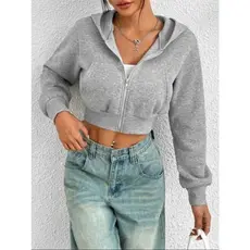 Blusa Cropped MOLETOM Com Capuz, COM BOLSO e Ziper TAM P/M Cinza
