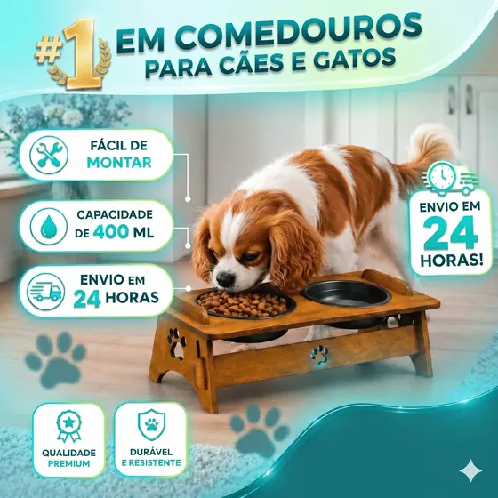 Comedouro Elevado Pet MDF 1/2 Tigela Cachorro Gato Suporte Alimentação
