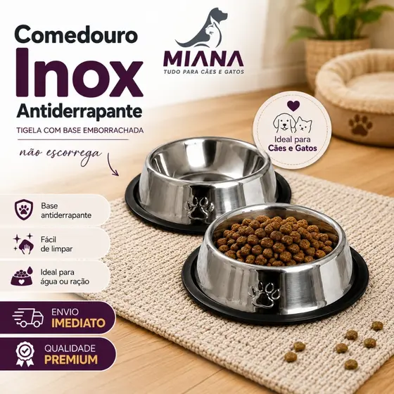 Kit 2 Comedouro Inox Caes Gatos Antiderrapante Cachorro Alimentação Pote Tigela Ração Pet Comedor