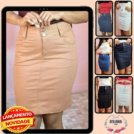 Saia Secretária Feminina Jeans/Colorida Moda Modesta