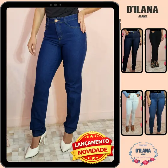 Calça Jeans Feminina Perna Reta  Cintura Alta com Lycra
