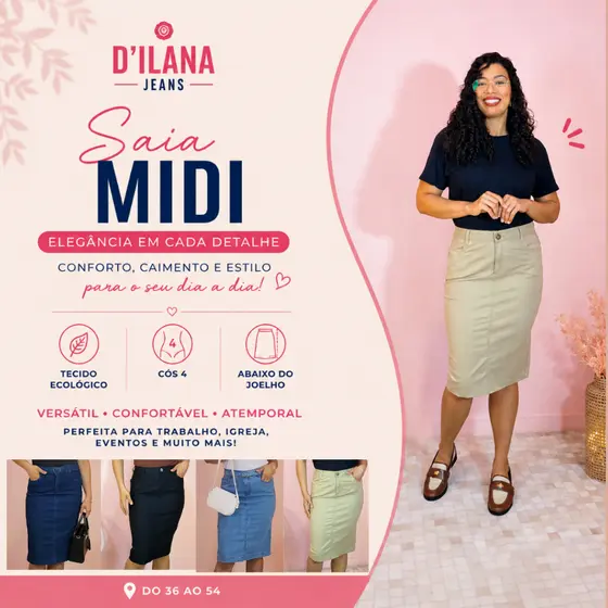 Saia Jeans Midi Evangélica Feminina Cintura Alta com Lycra