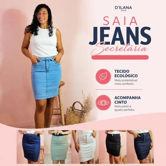 Saia Jeans Com Cinto Moda Evangélica Feminina Secretária Para Igreja