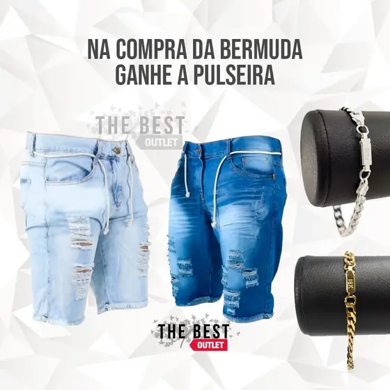 Conjunto Masculino Kit Bermuda Jeans Masculina Rasgada + Pulseira Masculina Prata ou Dourada