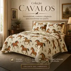 Kit Edredom Casal 100% Algodão Premium + 2 Fronhas  Estampa Exclusiva Capivara ou Cavalo Super Macio