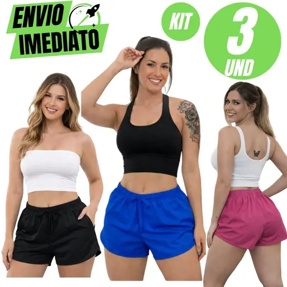 Kit 3 shorts Tactel Feminino Premium Saída de praia Short de Academia Moda Verão Corrida Shortinho Casual