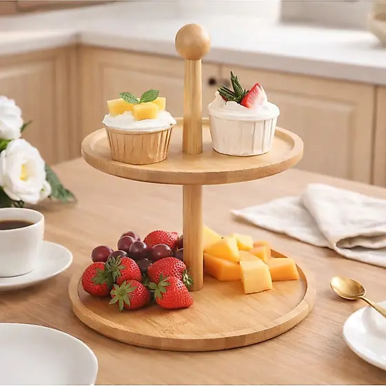 Suporte Porta Doces Sobremesas 2 Andares Bambu Organizador Bandeja Torre Prateleira Cupcake