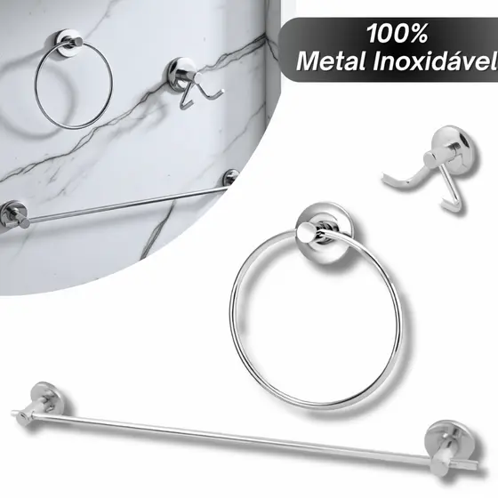 Kit 03 Peças Inox Acessórios Para Banheiro com Fixação Dupla - Cabide, Porta Toalha de Rosto e Banho
