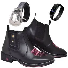 Kit 3 Em 1 Bota Botina Feminina Country Texana Bordada + Cinto Country Pedraria + Relógio Digital