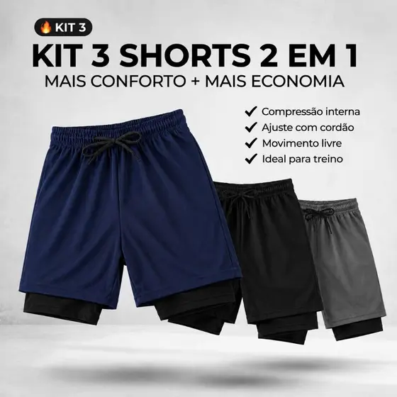 Kit 3 Shorts Masculinos 2 em 1 Plus Size Com Elastano Secagem Rápida Para Academia e Treino