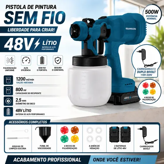 Pistola de Pintura Pulverizador Elétrico Profissional Portátil Sem Fio com 2 Baterias de Litio 48V