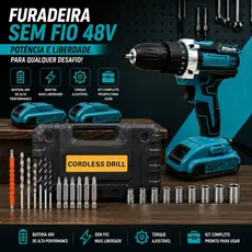 Parafusadeira Furadeira Sem Fio 48V, Kit com 2 Baterias, Carregador Bivolt 110/220V e Maleta de Transporte