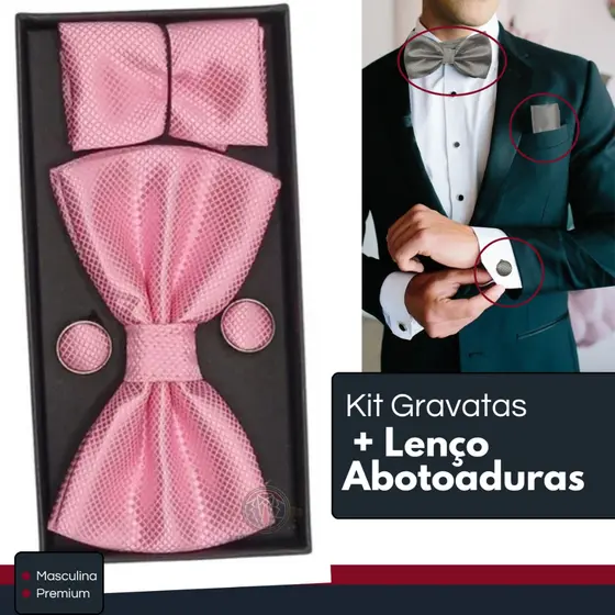 Kit Gravata Borboleta Seda + Lenço Abotoaduras Padrinhos