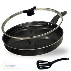 Frigideira 26 cm 4 Ovos Hamburguer Antiaderente Teflon Tampa de Vidro e Espátula Cor Grafite Preto