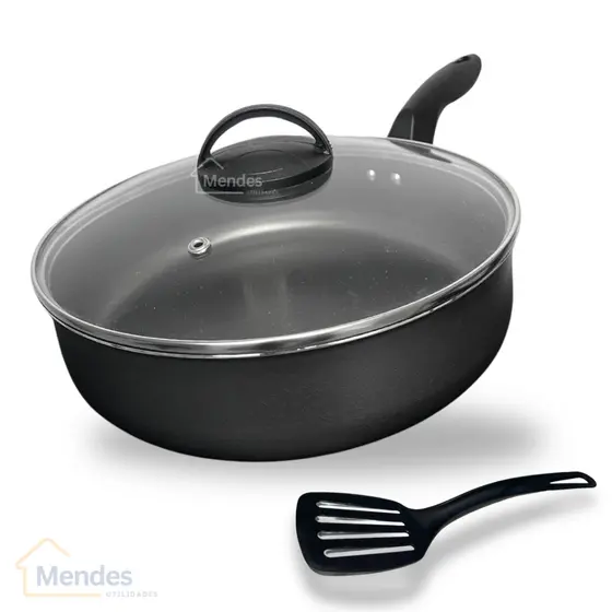 Frigideira Alta Funda Grande 24 cm Antiaderente Teflon com Tampa de Vidro e Espátula Nylon
