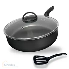 Frigideira Alta Funda Grande 24 cm Antiaderente Teflon com Tampa de Vidro e Espátula Nylon