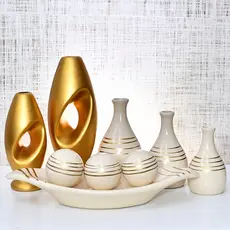 Enfeite 9 Vasos Peça Decorativo Kit Cerâmica Rack Sala Conjunto Completo Trio Casa Centro Mesa Dupla